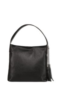 Zwarte lederen schoudertas met een gestructureerde afwerking, een ronde handgreep en een kettingaccent met een kwastje aan de zijkant.