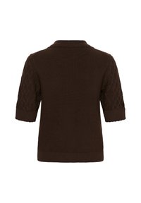Pull en maille marron foncé à manches courtes avec un motif losange texturé sur les manches et des poignets et ourlet côtelés, vu de dos.