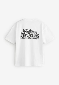 Witte katoenen t-shirt met een grafische afbeelding van Felix de Kat in zwart, met speelse gezichten. Het ontwerp bevat cartoonachtige details en vetgedrukte tekst.