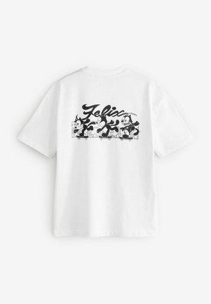 White cotton t-shirt featuring a graphic of Felix the Cat in black, with playful expressions. The design includes cartoonish details and bold text.