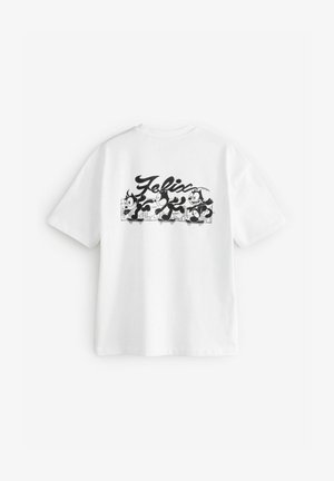 Weißes Baumwoll-T-Shirt mit einem Grafikdesign von Felix the Cat in Schwarz, mit verspielt ausdrucksstarken Gesichtsausdrücken. Das Design enthält cartoonartige Details und fette Schriftzüge.
