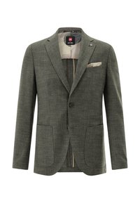 Olive green blazer with a textured fabric, single-breasted design, two front pockets, and a satin pocket square. Lined interior.