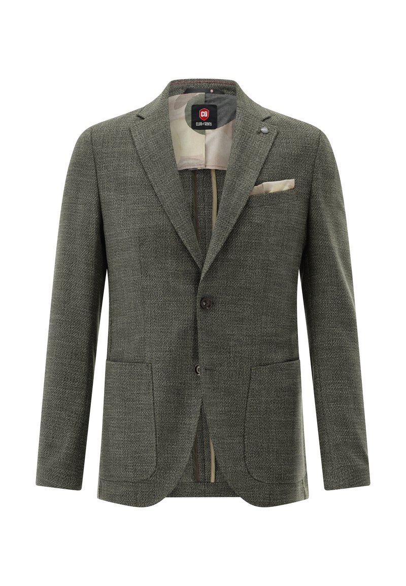 Olive green blazer with a textured fabric, single-breasted design, two front pockets, and a satin pocket square. Lined interior.