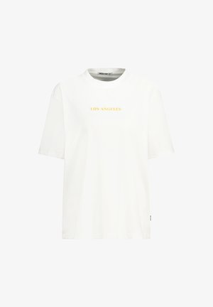 White short-sleeve t-shirt featuring a round neckline and 'LOS ANGELES' printed in gold across the front. Simple and classic design.