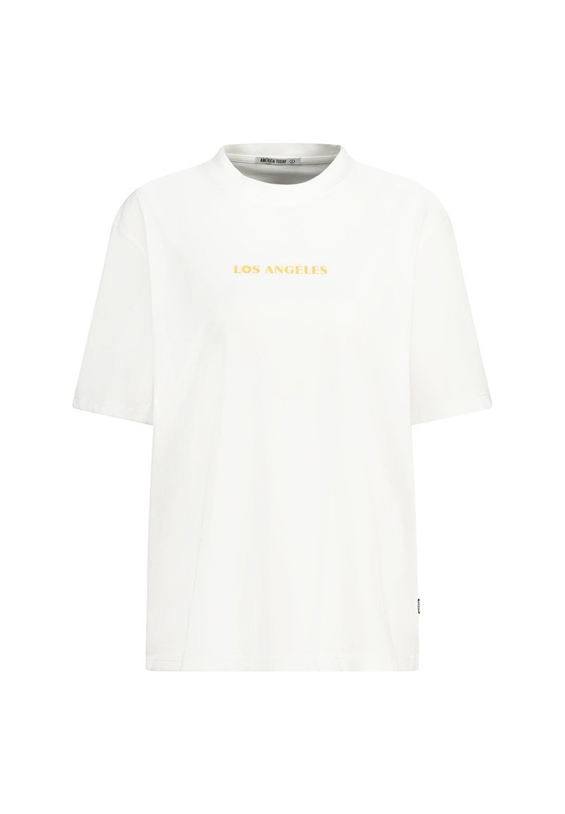 White short-sleeve t-shirt featuring a round neckline and 'LOS ANGELES' printed in gold across the front. Simple and classic design.
