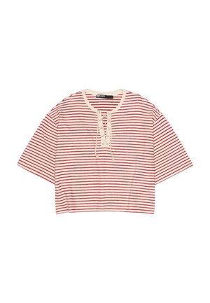 Red and white horizontal striped cropped shirt with short sleeves and lace-up neckline detail.