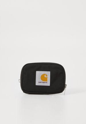 Small rectangular black Carhartt pouch with white logo patch and closed silver zipper on white background.