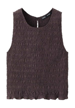 Haut sans manches marron foncé texturé avec tissu froncé, encolure ronde et fermeture par un seul bouton au dos.