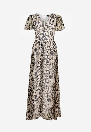 Vestido maxi de manga corta, escote en V profundo, patrón floral en crema y amarillo sobre un fondo oscuro, tejido ligero y fluido.