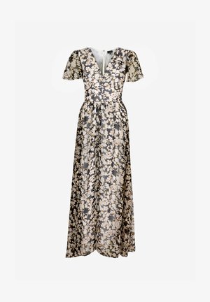 Robe maxi fleurie en tissu transparent avec un col en V profond, des manches courtes et une taille cintrée, présentant un motif de fleurs noires et blanches avec des accents jaunes.