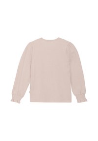 Långärmad topp i ljusrosa. Mjuk, lätt bomullsmaterial med rynkade manschetter och rundad halsringning. Slät textur och avslappnad passform.