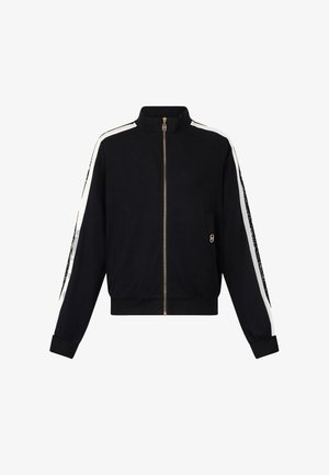 Černá zipová bunda s stojáčkem, bílými bočními pruhy a texturovaným vzorem na rukávech. Obsahuje přední kapsy a přiléhavý pas.