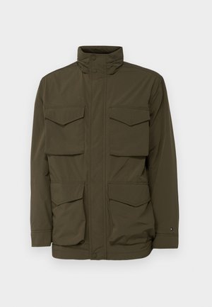 Olive green jacket with a high collar, featuring four front pockets, a zip closure, and a lightweight, smooth texture.