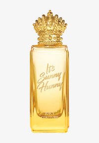 Butelka perfum Juicy Couture z kapeluszem w kształcie złotej korony, przezroczysta żółta ciecz i wygrawerowany tytuł "It's Sunny Hunny" z przodu.