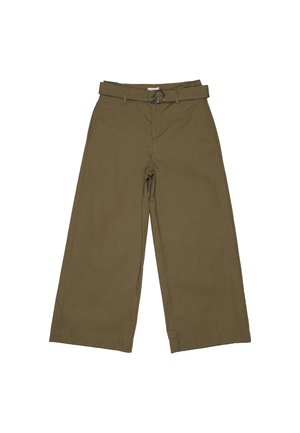 Pantaloni larghi color khaki con una cintura con una fibbia circolare. Realizzati in un tessuto morbido, hanno una silhouette rilassata e non presentano motivi visibili.