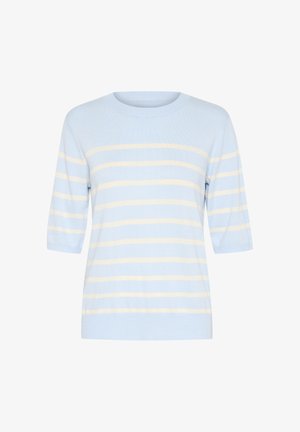 Šviesiai mėlynas trumpomis rankovėmis dryžuotas megztinis, pagamintas iš švelnios medžiagos. Yra horizontalūs geltoni dryžiai ir apvalus iškirpimas.