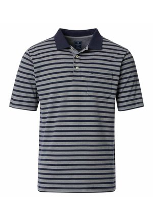Polo-Shirt mit kurzen Ärmeln in marineblauen und grauen Streifen, ausgestattet mit einem einfarbigen marineblauen Kragen, Knopfleiste und Brusttasche auf der linken Seite. Baumwollmischung.