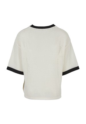 Fehér rövid ujjú hálós felső fekete szegéllyel a nyakán és az ujjak végén, hátulnézetből egyszínű háttéren.