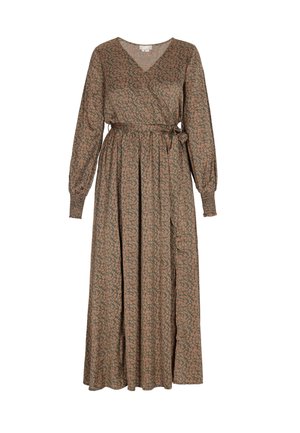 Robe portefeuille à motif floral vert et pêche avec des manches longues, un décolleté en V, une ceinture à nouer à la taille et un ourlet fluide. Fabriquée en tissu léger.