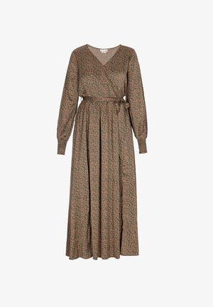 Rochie înfășurată cu model floral verde și piersică, cu mâneci lungi, decolteu în V, cordon la talie și un croi fluid. Fabricată dintr-un material ușor.