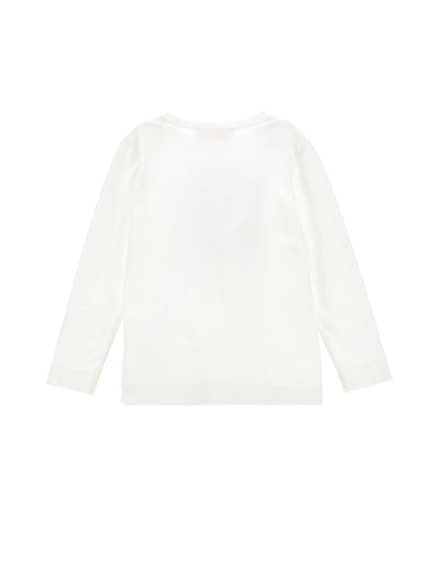 Maglietta bianca a maniche lunghe, realizzata in tessuto morbido, con scollo rotondo e orlo dritto, priva di motivi o accenti.