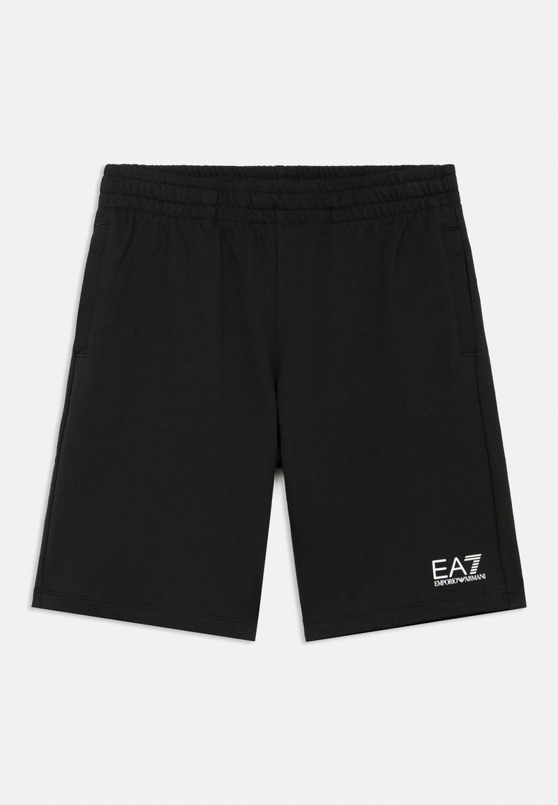 Fekete sportnadrág elasztikus derékpánttal, oldalzsebekkel és fehér EA7 logóval az alsó jobb részen. Puha, légáteresztő anyagból készült.