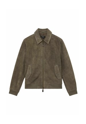 Jachetă maro din piele întoarsă cu fermoar, cu guler ascuțit, două buzunare frontale și manșete și tiv striate.