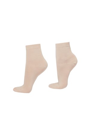 Paire de chaussettes beige pour cheville, vues de côté et de dos sur fond blanc.