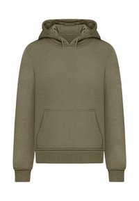 Hoodie i olivgrön, med kenguruficka, ribbade ärmslut och nederkant. Mjuk tyg med en slät textur.