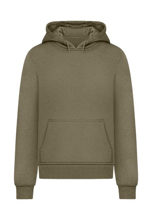 Kapturowa bluza w kolorze oliwkowym, z kieszenią kangurką, ściągaczami przy mankietach i na dole. Miękka tkanina o gładkiej fakturze.