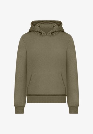 Olíva zöld kapucnis pulóver, kangouruzsebbe, bordázott mandzsettával és aljjal. Puha anyag sima textúrával.