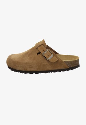 Brown suede clog with a rounded toe, adjustable buckle strap, and contoured cork footbed, featuring a black rubber sole and ventilation cutouts.