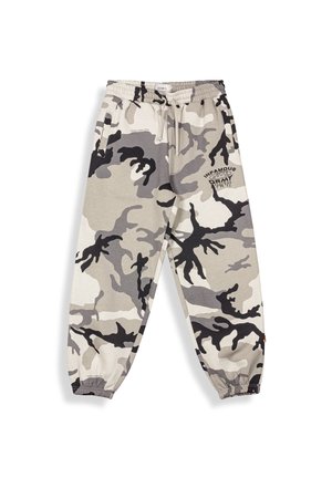 Camouflage sweatpants in shades of gray, black, and beige; features elastic waistband and cuffs, with "INFAMOUS" printed on the thigh.