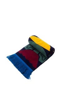 Dzianinowy koc z geometrycznymi wzorami w żywych kolorach: żółtym, zielonym, czerwonym i niebieskim. Z ozdobnymi frędzlami wzdłuż jednej krawędzi.