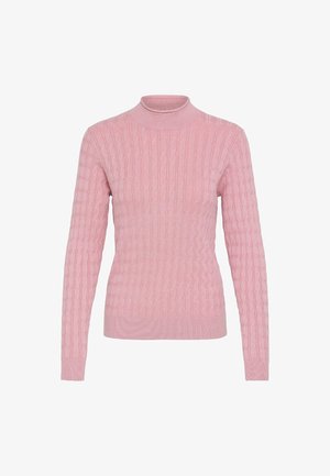 Pull en tricot rose avec un col haut, présentant un motif texturé, des manches longues et une silhouette ajustée.