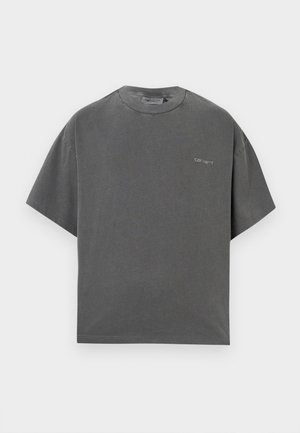Gray oversized short-sleeve t-shirt in soft cotton blend with a crew neckline and subtle logo detail on the chest. Smooth fabric texture.