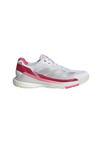 Białe buty sportowe z różowymi akcentami. Posiadają siateczkową cholewkę, teksturowane boki oraz cushioned gumową podeszwę dla lepszego wsparcia.