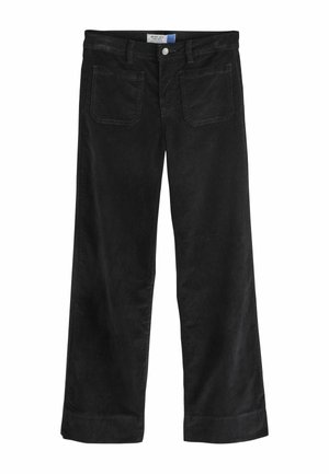 Leveled black corduroy pants with a smooth finish, featuring two front pockets, a button closure, and rolled-up hems.