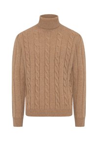 Lys brun kabelstrikket sweater med rullekrave. Har ribbet kant og manchetter, med lodrette linjer af strukturerede mønstre gennem hele.
