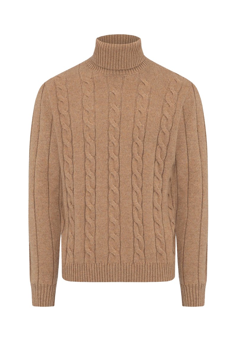Lys brun kabelstrikket sweater med rullekrave. Har ribbet kant og manchetter, med lodrette linjer af strukturerede mønstre gennem hele.