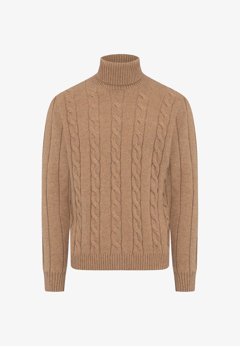 Kabelstickad polotröja i ljusbrun färg. Har ribbat nederkant och mudd, med vertikala linjer av strukturerade mönster genom hela tröjan.