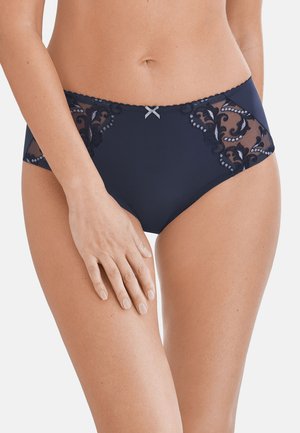 Navy blue high-waisted panties featuring lace accents with floral patterns and bead details, finished with a small silver bow at the front.