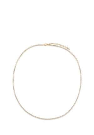 Delicate gold chain necklace with small clear gemstones and an adjustable clasp laid flat on a white background.