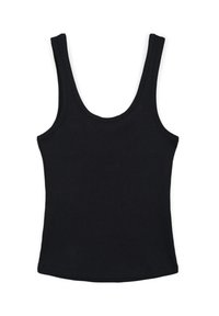 Top in cotone nero a coste con spalline più larghe e scollatura arrotondata. Texture liscia e forma aderente per un fit vicino al corpo.
