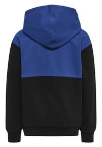 Dres z kapturem z niebieską górną częścią i czarną dolną częścią. Miękka tkanina, długie rękawy i ściągacze przy dole.