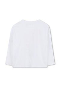Weißes Langarm-T-Shirt mit Rundhalsausschnitt, von hinten gezeigt, mit glattem, schlichtem Stoff und geradem Saum.