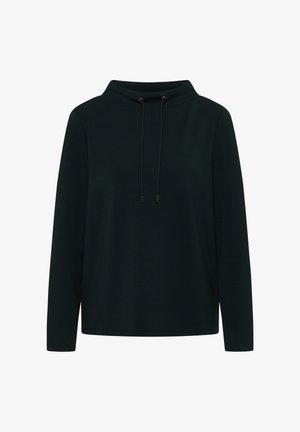 Sweat à capuche vert foncé avec un col haut et des cordons de serrage. Manches longues et coupe décontractée. Texture lisse, design simple et sans motifs visibles.