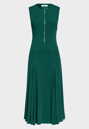 Dunkelgrünes ärmelloses Kleid mit Reißverschluss, A-Linien-Schnitt, weicher Textur und plissiertem Rock. Akzentuierter Reißverschluss mit rundem Zipper-Griff.