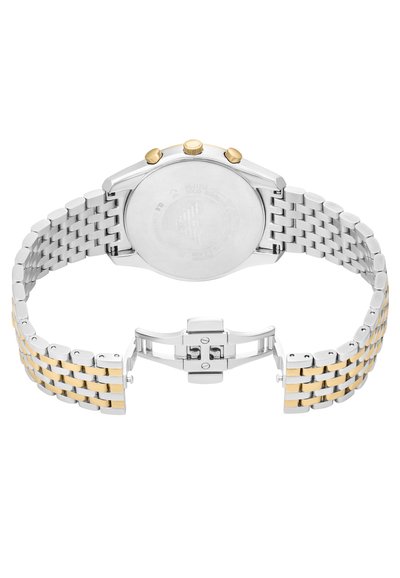 Edelstahlarmbanduhr mit einem silbernen und goldenen zweifarbigen Armband, ausgestattet mit einem glatten runden Gehäuse, drei Druckknöpfen und einem Schnappverschluss.