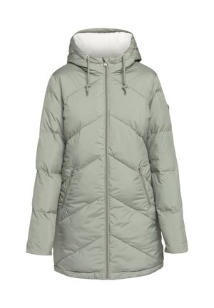 Doudoune vert clair avec capuche, présentant des motifs de matelassage diagonaux, des poches avant zippées et une doublure douce et texturée.